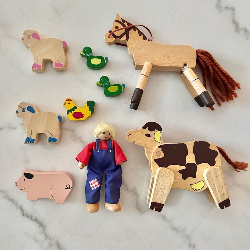 Antique Wooden Farmer and Animals 1950s